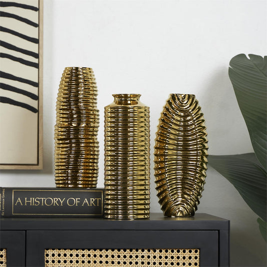 Gold ceramic Dimensional Ribbed Vases set of 3