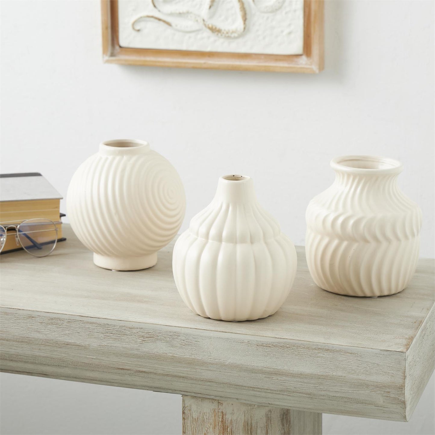 Cream ceramic Abstract small Textured Vase set of 3