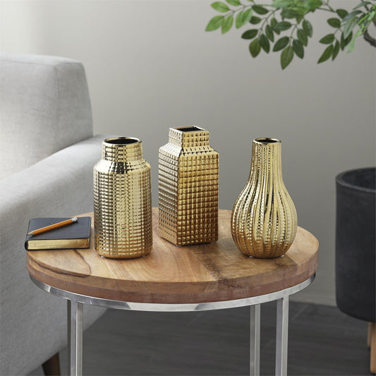 Gold Ceramic Geometric Dimensional Textured Vase set of 3