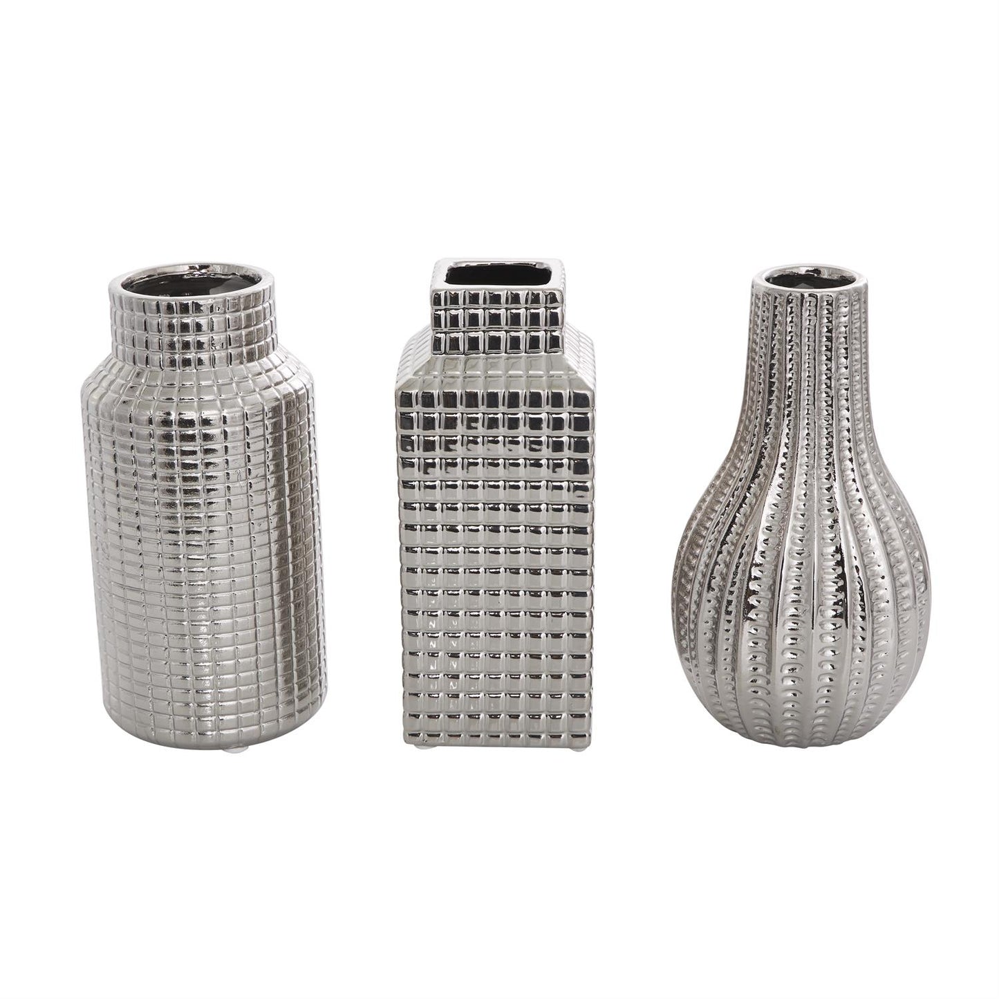 Silver ceramic Geometric Dimensional Textured Vase set of 3