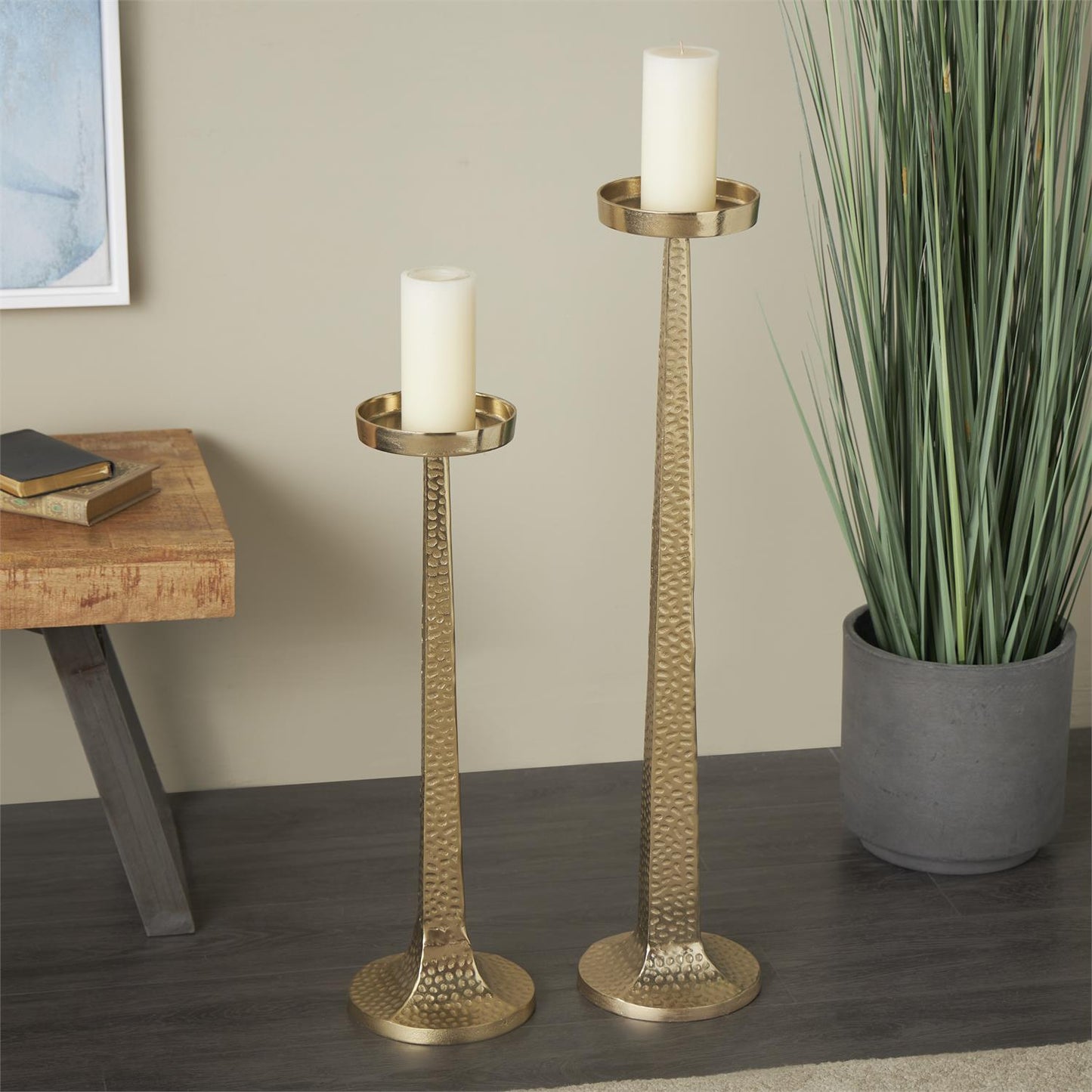 Gold Aluminum Metal Tall Hammered Candle Holder, Set of 2