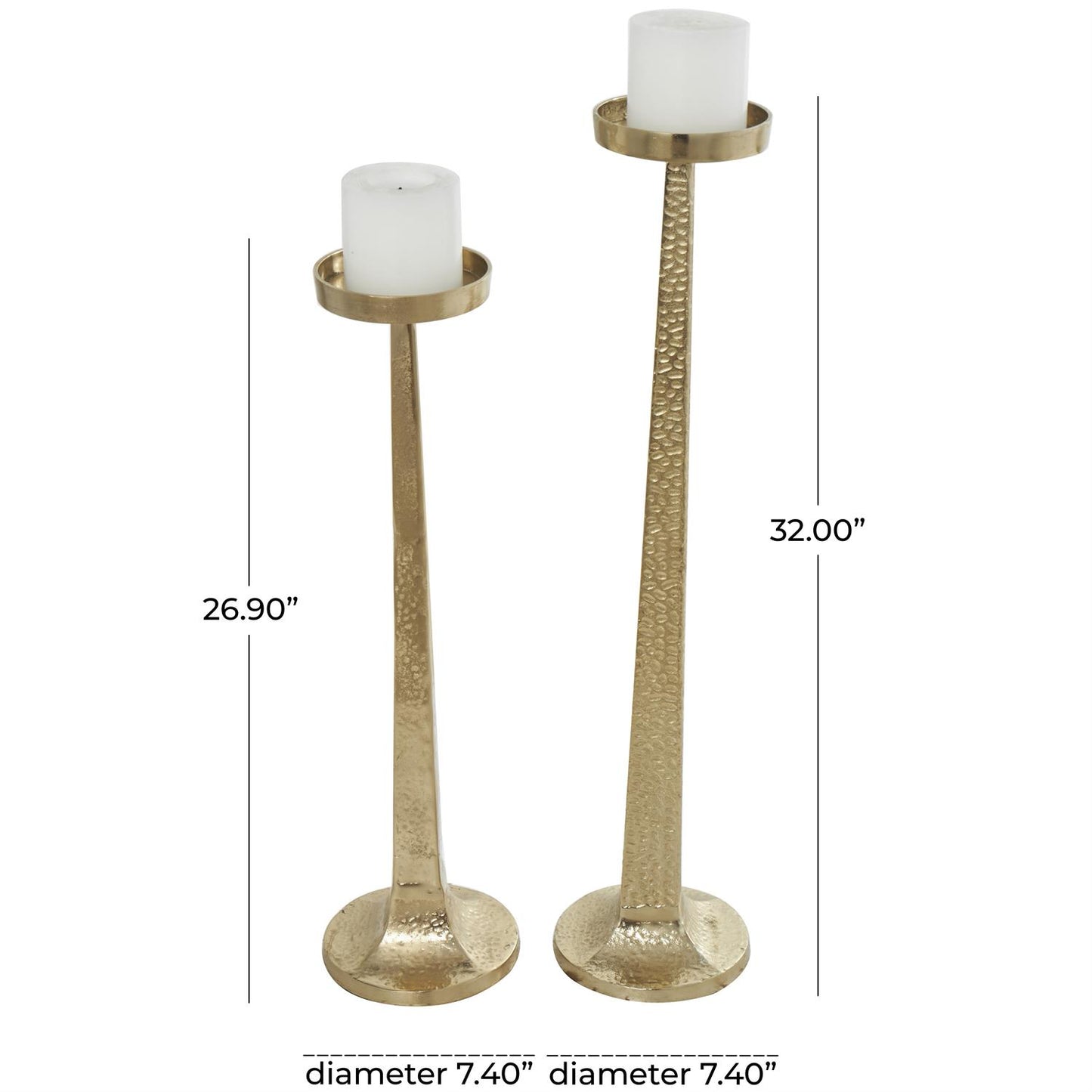 Gold Aluminum Metal Tall Hammered Candle Holder, Set of 2