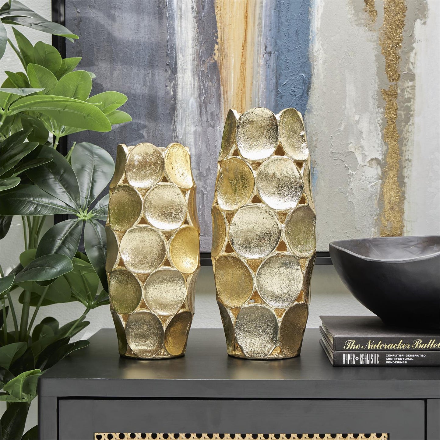 Gold Aluminum Metal Geometric Open Framed Vase with Circular Plates 11"H