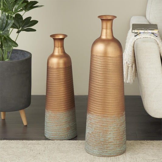 Copper Metal Ribbed Textured  Vase set of 2 29",23"H