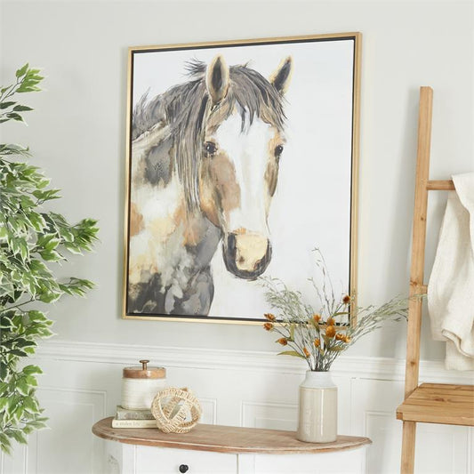 Brown Canvas Horse Framed Wall Art with Gold Frame