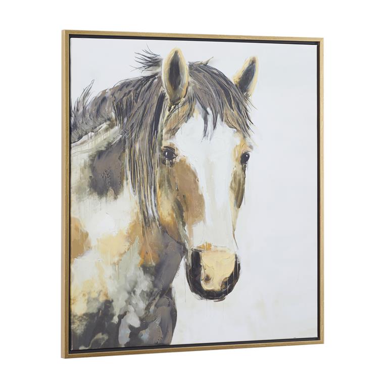 Brown Canvas Horse Framed Wall Art with Gold Frame