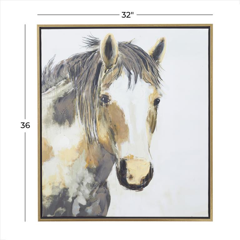 Brown Canvas Horse Framed Wall Art with Gold Frame