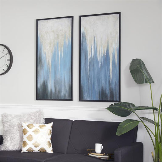 Blue Canvas Abstract Framed wall Art with Black Frame , Set Of 2 24"W, 48"H