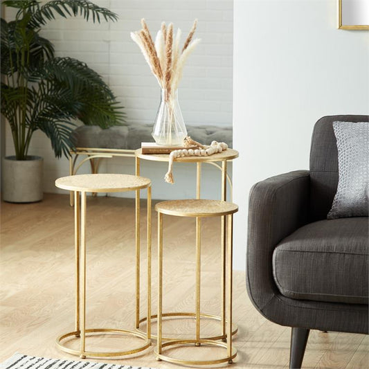 Gold metal Nesting Accent Table with Textures Tops set of 3