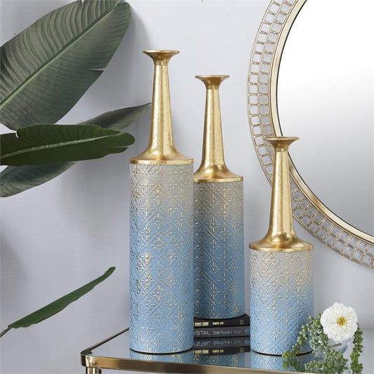 Blue Metal Floral Vase with Gold Top set of 3  27",24"