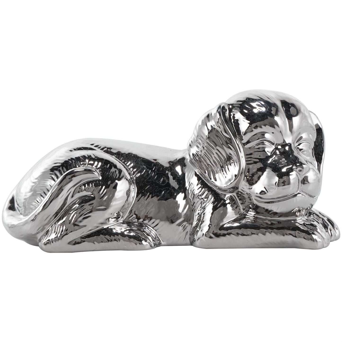 Silver Ceramic Dog laying Sculpture with Matte Finish