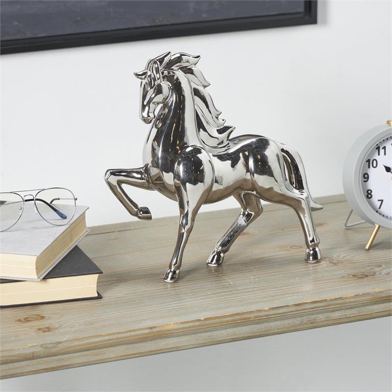 Silver Ceramic Horse Prancing Sculpture