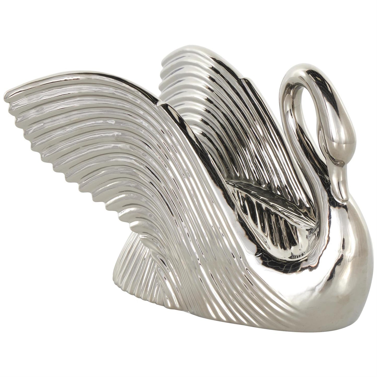 Silver Ceramic Swan Sculpture with Textured Grooves