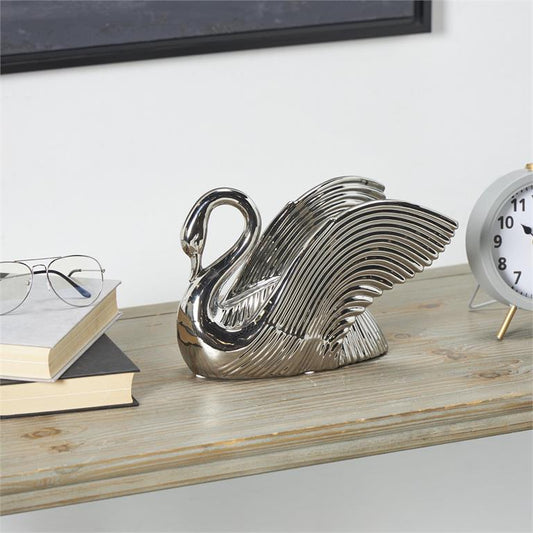 Silver Ceramic Swan Sculpture with Textured Grooves