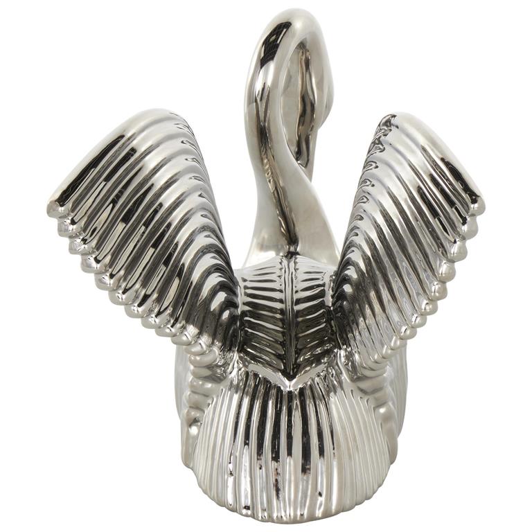 Silver Ceramic Swan Sculpture with Textured Grooves