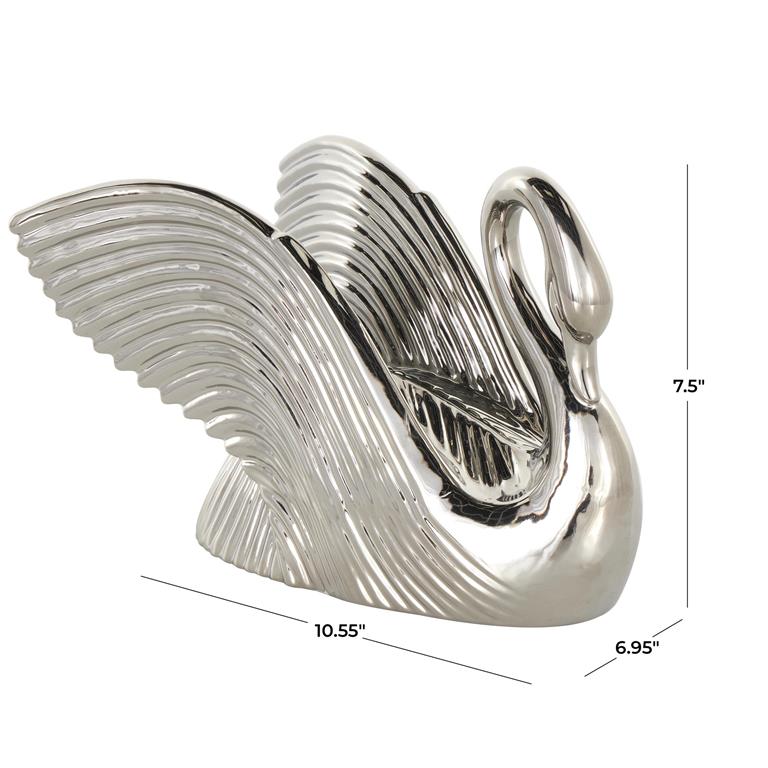 Silver Ceramic Swan Sculpture with Textured Grooves