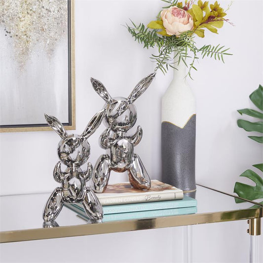 Silver porcelain Rabbit Abstract Balloon Sculpture set of 2