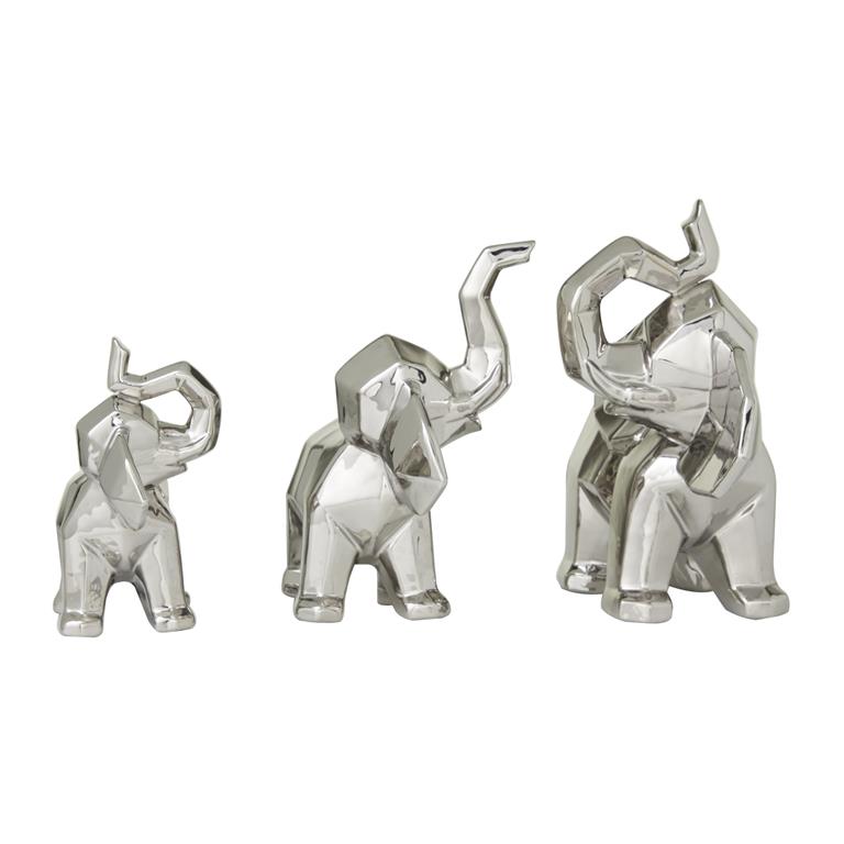 Silver Porcelain Elephant cubist sculpture set of 3 12"