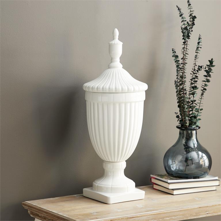 White Ceramic Decorative Jars with Lid 10"x10"x26" set of 2