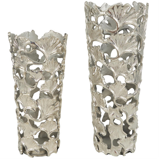 Silver Aluminum vase with gingko Leaf  Design set of 2