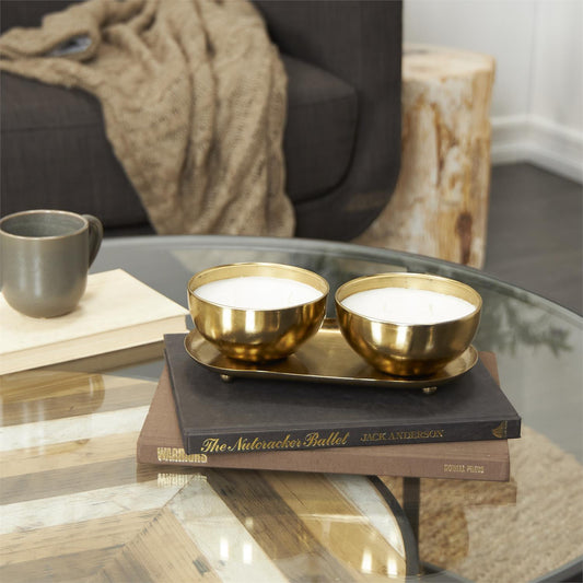 Metal wax candle Bowl With Tray Gold set of 2  10"W,3"H