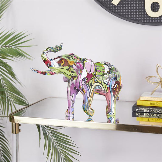 Multi Coloured Polystone Elephant Graffiti Sculpture