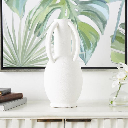 White Ceramic Textured Vase with 4 Handles