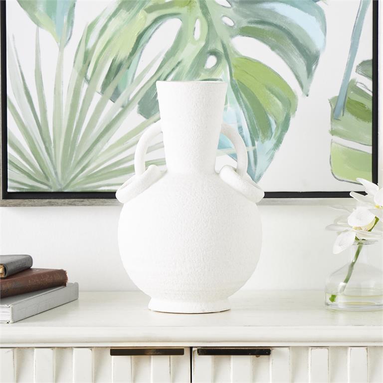 White Ceramic Textured Vase with Ring Handles