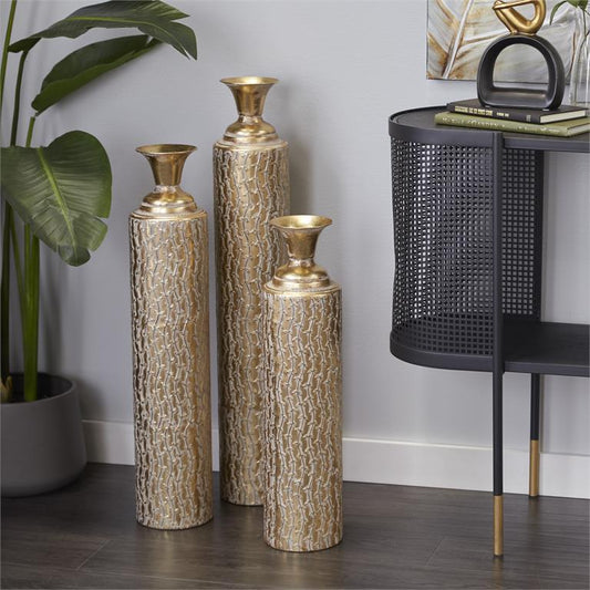 Gold Metal Tall Distressed Metallic Vase set of 3