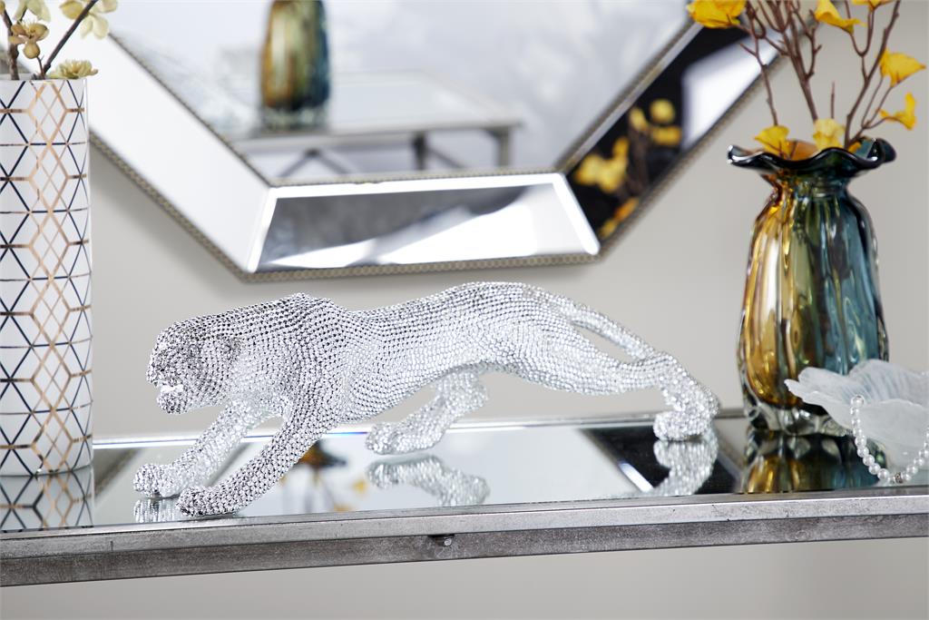Silver Polystone Leopard Bejeweled Sculpture 23x5