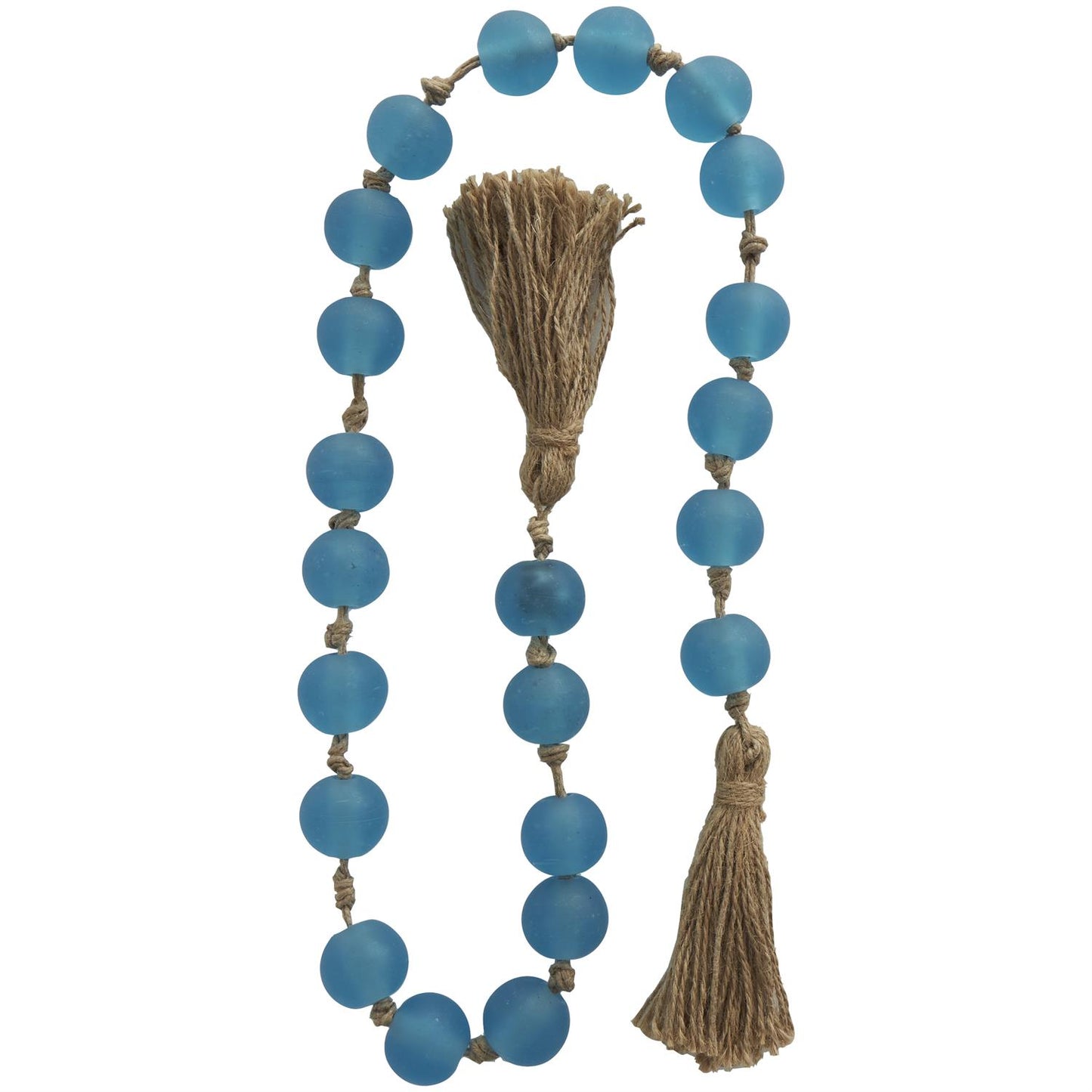 Teal Glass Handmade Round Frosted Beaded Garland with Tassel with Knotted Brown Jute