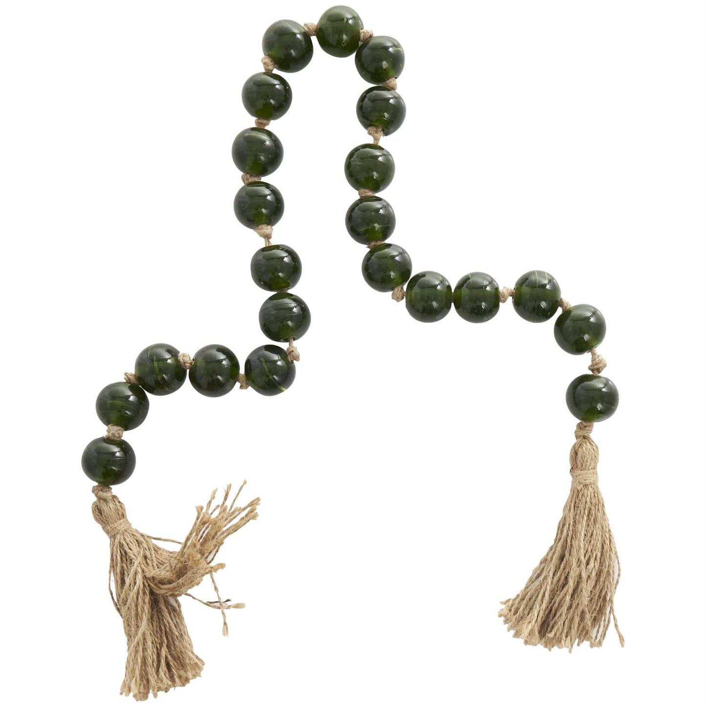 Green Glass Handmade Round Beaded Garland with Tassel with Knotted Brown Jute