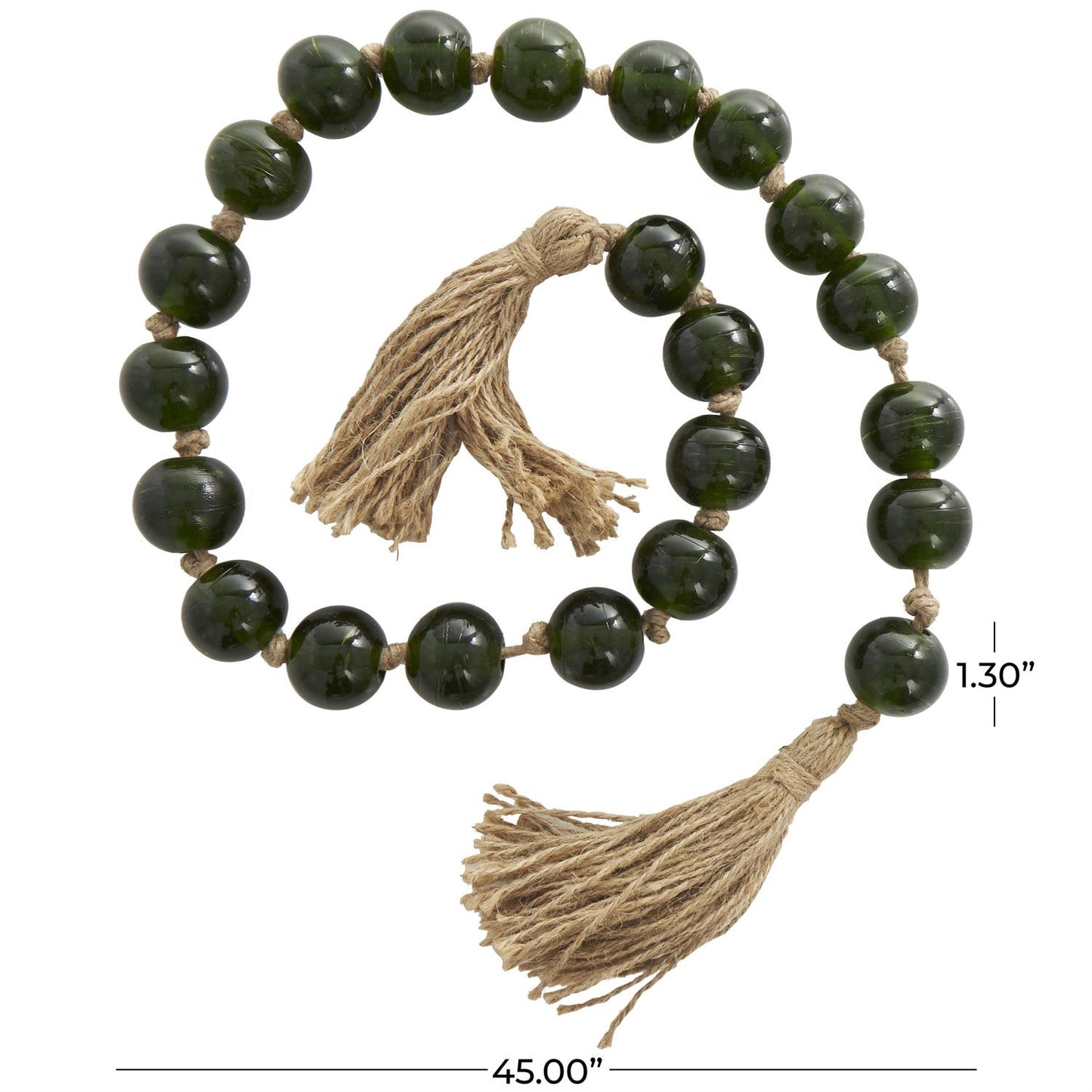 Green Glass Handmade Round Beaded Garland with Tassel with Knotted Brown Jute