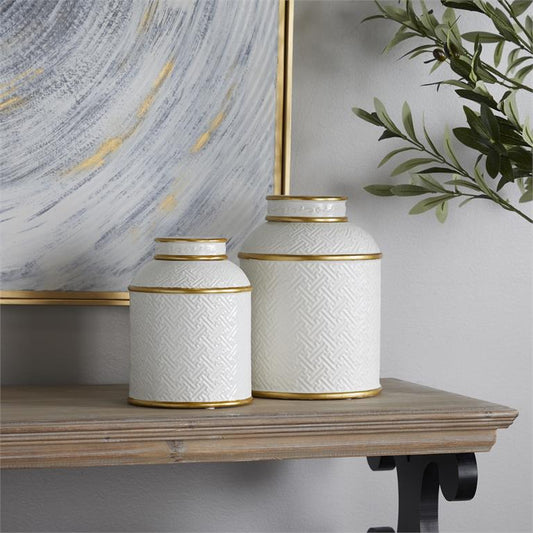 White ceramic Decorative jars with gold Accents Set of 2