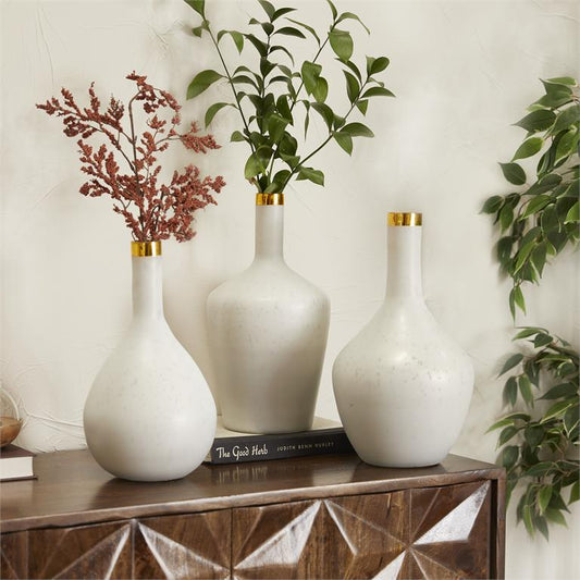 White Glass Vase with Gold Rim, set of 3 13",14",13"H
