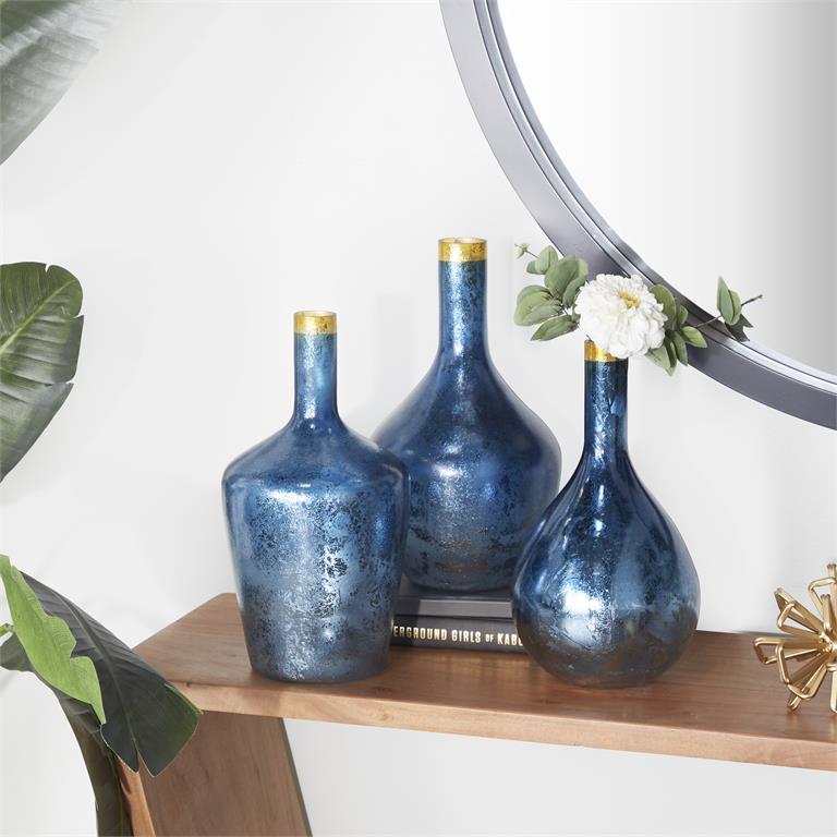 Blue Glass  Vase with Gold Rim set of 3 14",13",13"H