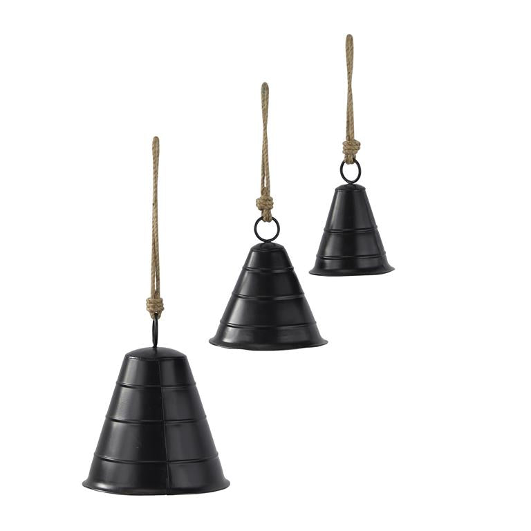 Black Metal Tibetan Inspired Decorative Cow Bells with Jute Hanging Rope, Set of 3