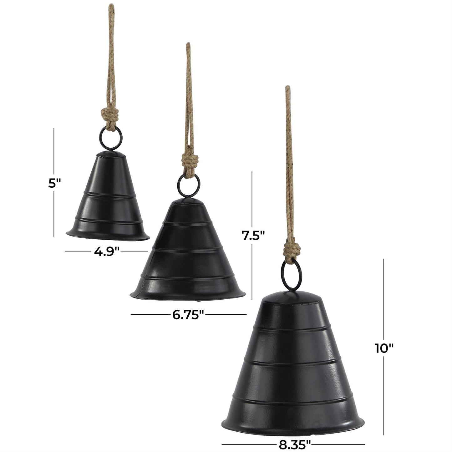 Black Metal Tibetan Inspired Decorative Cow Bells with Jute Hanging Rope, Set of 3