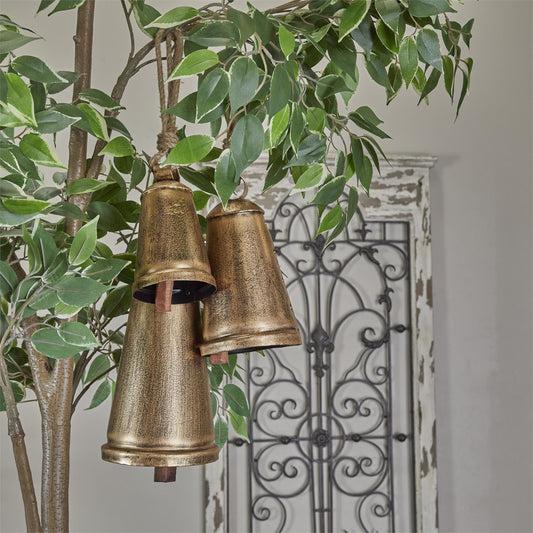 Bronze Metal Tibetan Inspired Decorative Cow Bells with Jute Hanging Rope, Set of 3