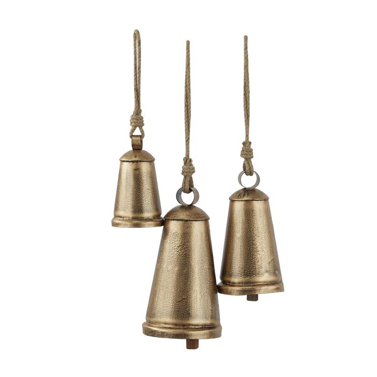 Bronze Metal Tibetan Inspired Decorative Cow Bells with Jute Hanging Rope, Set of 3