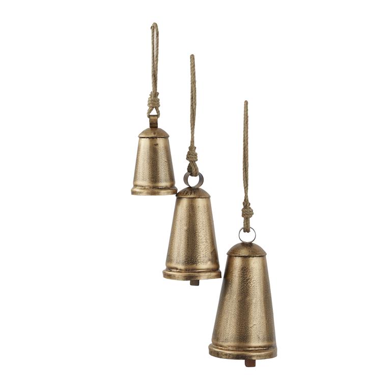 Bronze Metal Tibetan Inspired Decorative Cow Bells with Jute Hanging Rope, Set of 3