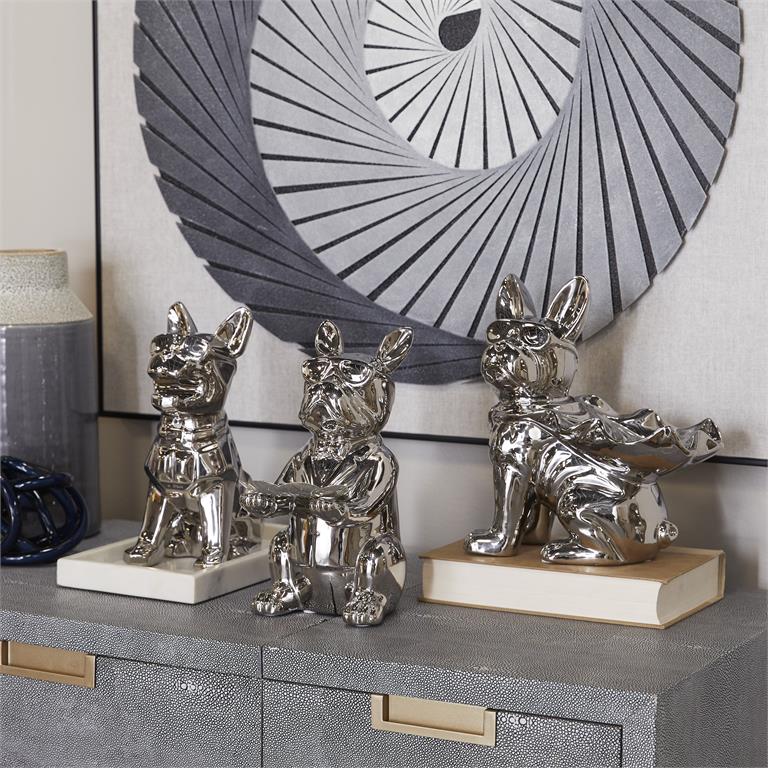 Cosmoliving by Cosmopolitan Silver Porcelain Bulldog set 0f 3