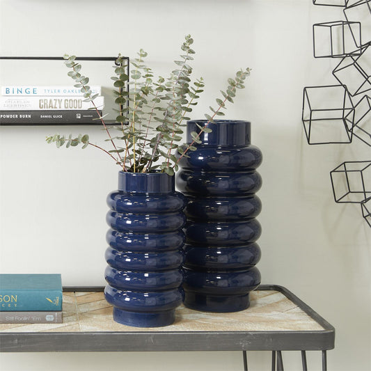 CosmoLiving by Cosmopolitan Dark Blue Ceramic Vase with Stacked Ring Design, Set of 2