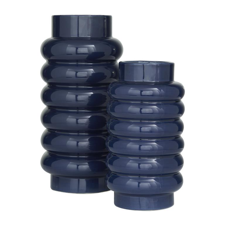 CosmoLiving by Cosmopolitan Dark Blue Ceramic Vase with Stacked Ring Design, Set of 2