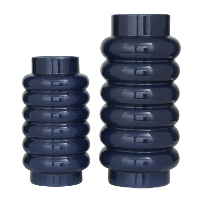 CosmoLiving by Cosmopolitan Dark Blue Ceramic Vase with Stacked Ring Design, Set of 2