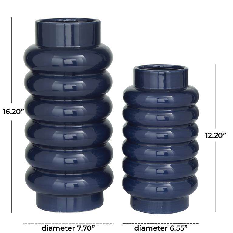 CosmoLiving by Cosmopolitan Dark Blue Ceramic Vase with Stacked Ring Design, Set of 2