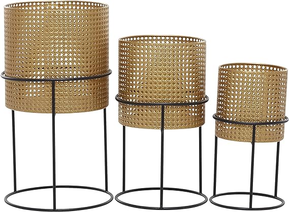 Gold Metal Rattan Planter With Removable set 0f 3