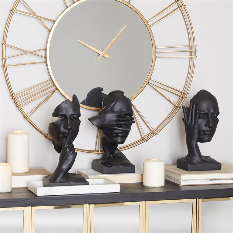 Black Polystone Face Sculpture Set of 3 7"w, 12"H