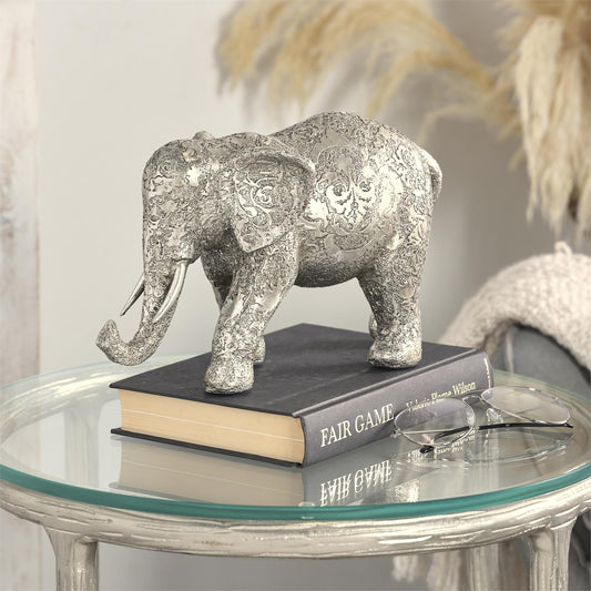 Silver Polystone Elephant Engraved Floral Sculpture