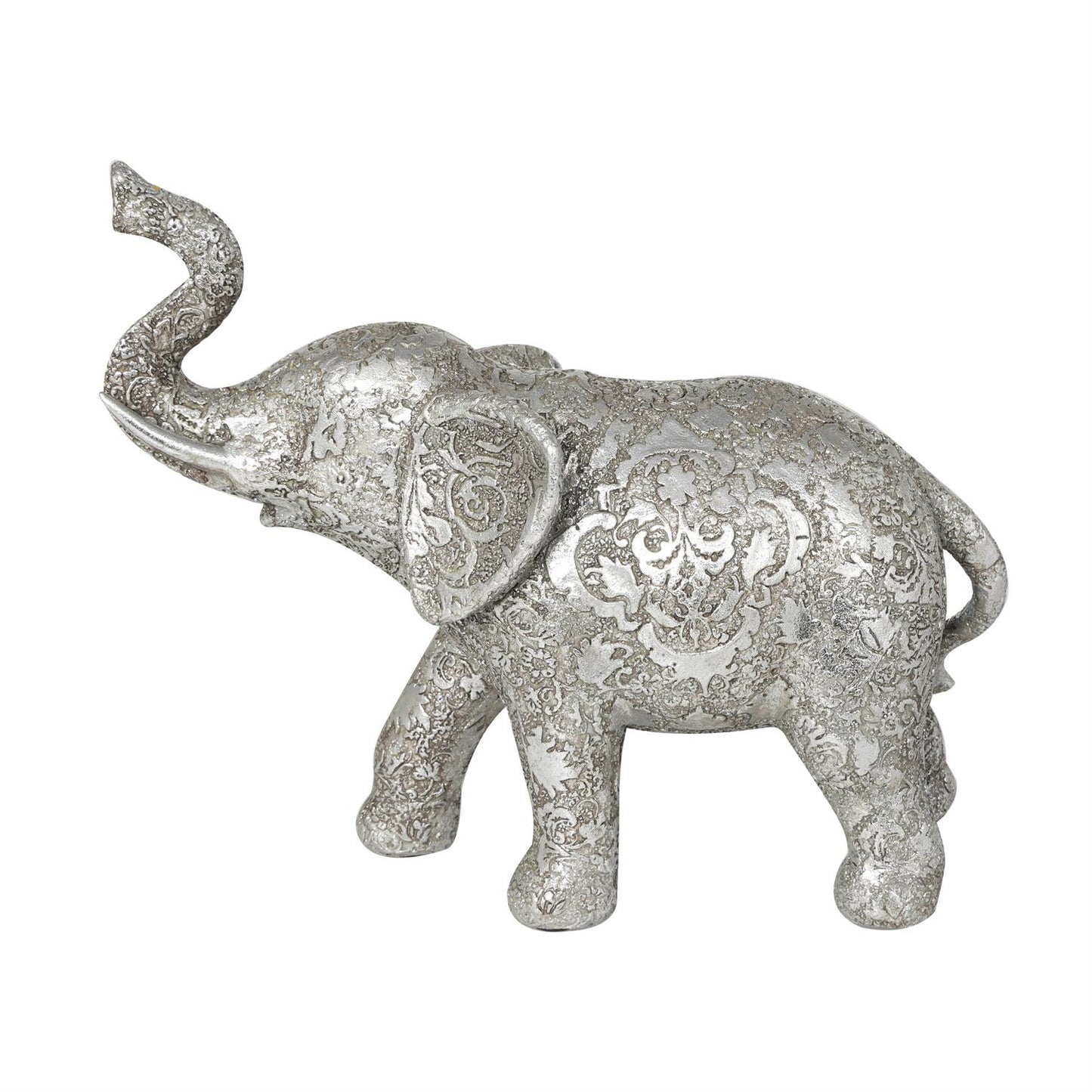 Silver Polystone Elephant Engraved Floral Sculpture 4"